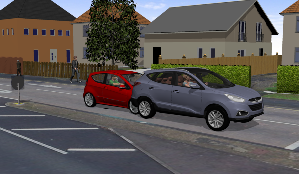 Photo realistic scene of a red car colliding into the rear of a grey car at a junction